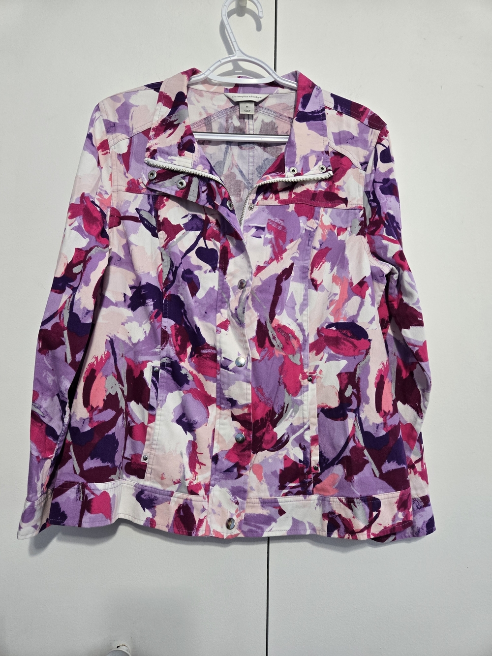 Christopher & Banks Floral Jacket Medium Pink Purple Snap Zip Cotton